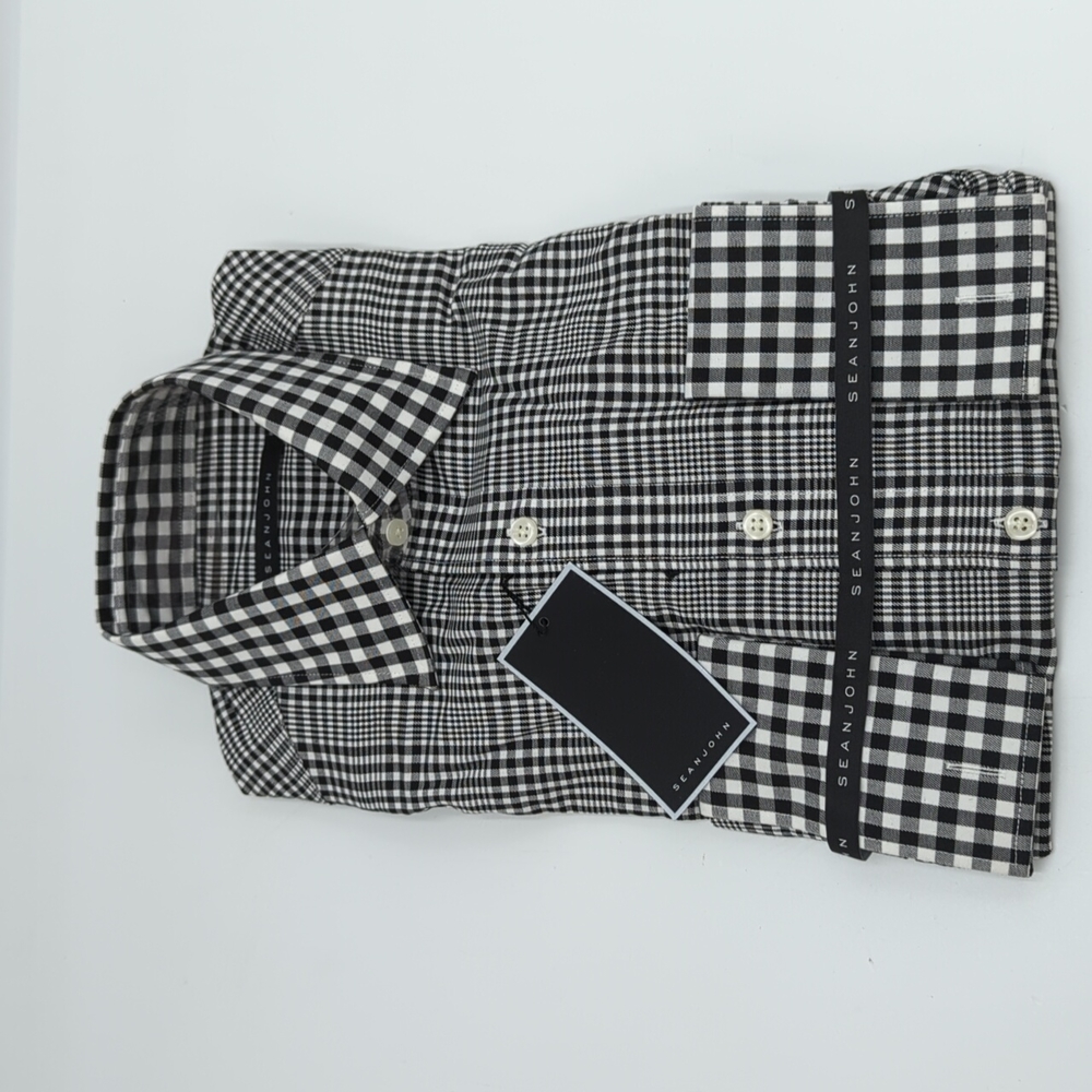 Sean John Men's Shirt Long Sleeves Black and White Plaid Regular Fit 14.5 32/33